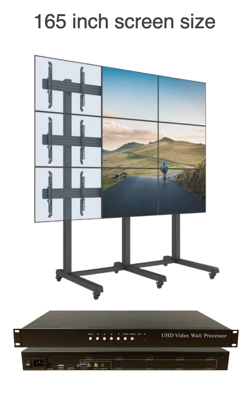3x3 Rolling Video Wall Package with nine 55" Monitors, Rolling Mount, and 1 input processor