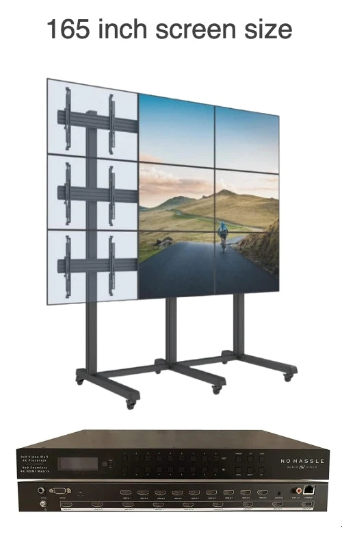 3x3 Rolling Video Wall Package with nine 55" Monitors, Rolling Mount, and 9 input processor