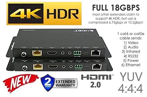 4K HDR HDbaseT Long Range HDMI Extender Kit 330ft 100m ETHERNET 18GBPS Single CAT5e CAT6 CAT7 2.0B 4K @ 60hz UltraHD YUV 4:4:4 Uncompressed Transmitter Receiver IR RS232 HDCP2.2 CONTROL4 Savant
