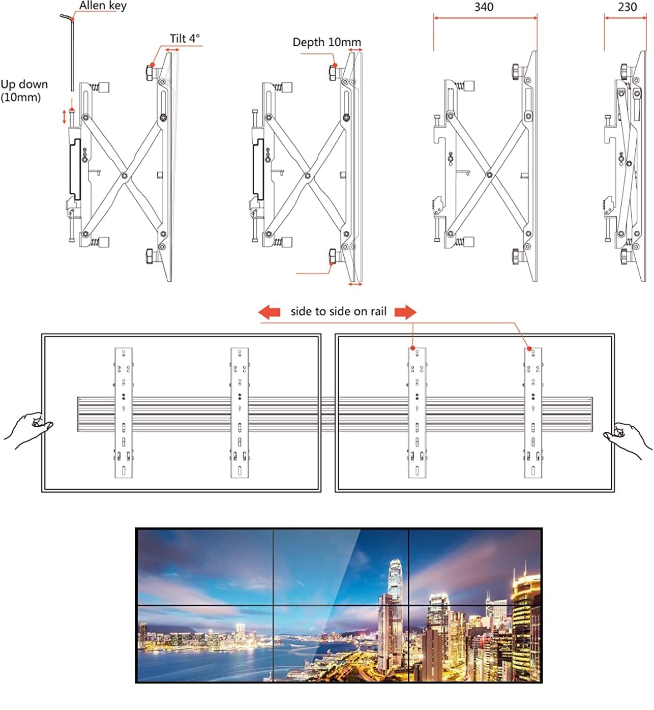 2x3 Video Wall Rail Mounting System - Pop out brackets with Microadjustments