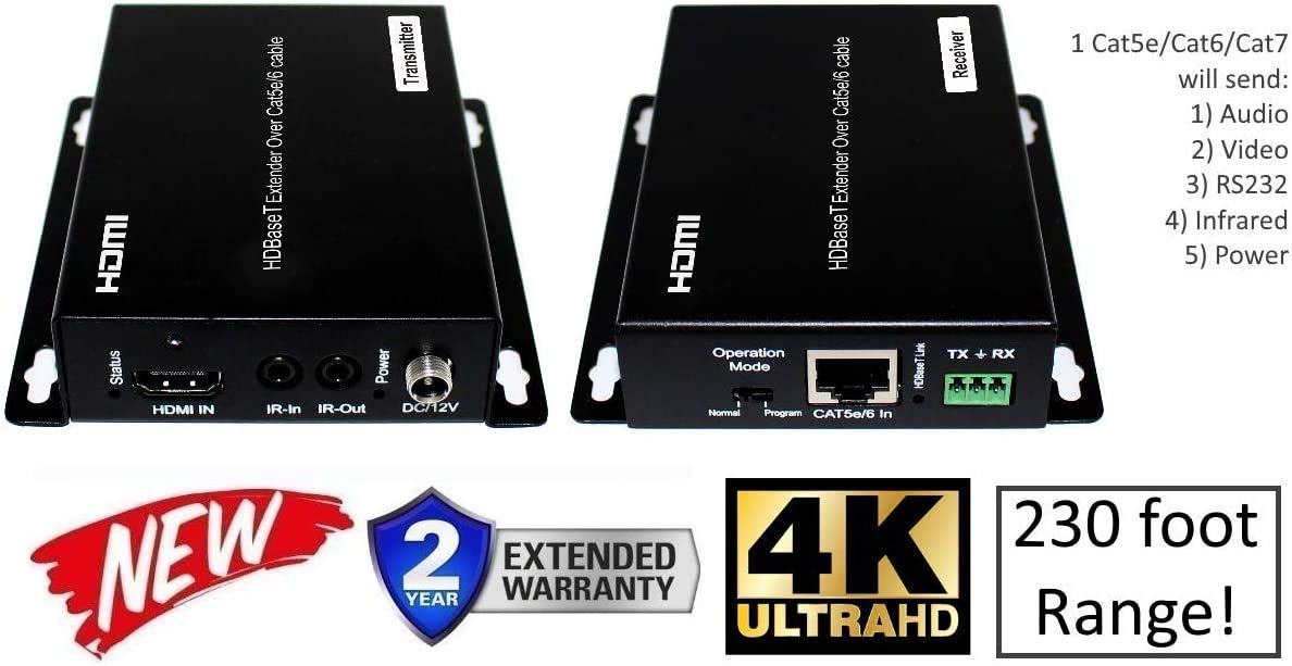 HDbaseT 4K HDMI Extender Kit Over Single CAT5e or CAT6 60hz UltraHD YUV 4:4:4 Uncompressed 230FT 70M Transmitter Receiver Bi-Directional IR RS232 HDCP2.2 HDTV Control4 Savant Home Automation 4k2k
