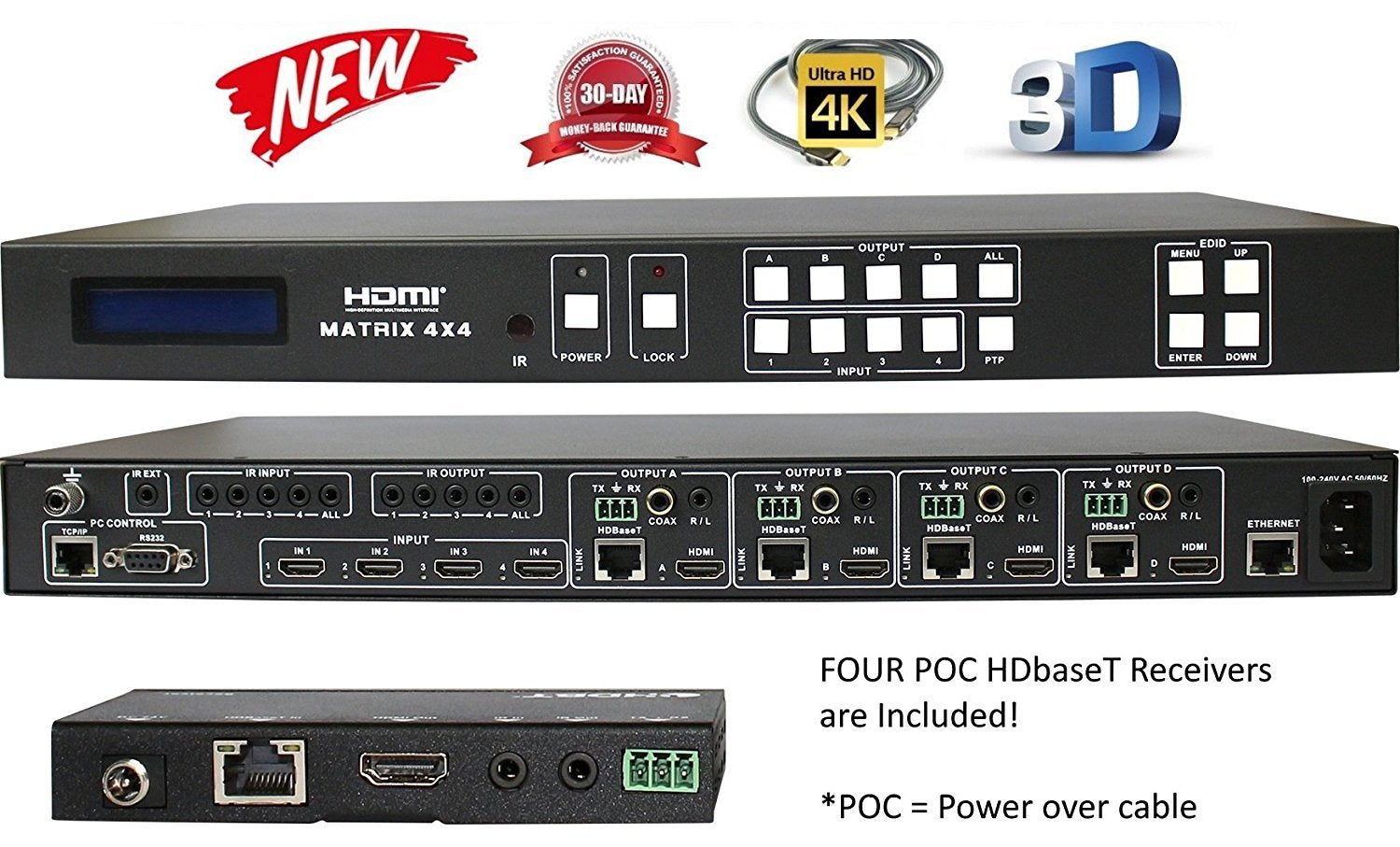 4x8 4x4 HDBT 4K HDMI Matrix SWITCHER W Four PoC RECEIVERS CAT5e Or C 4x8-4x4-hdbt-4k-hdmi-matrix-switcher-w-four-poc-receivers-cat5e-or-c