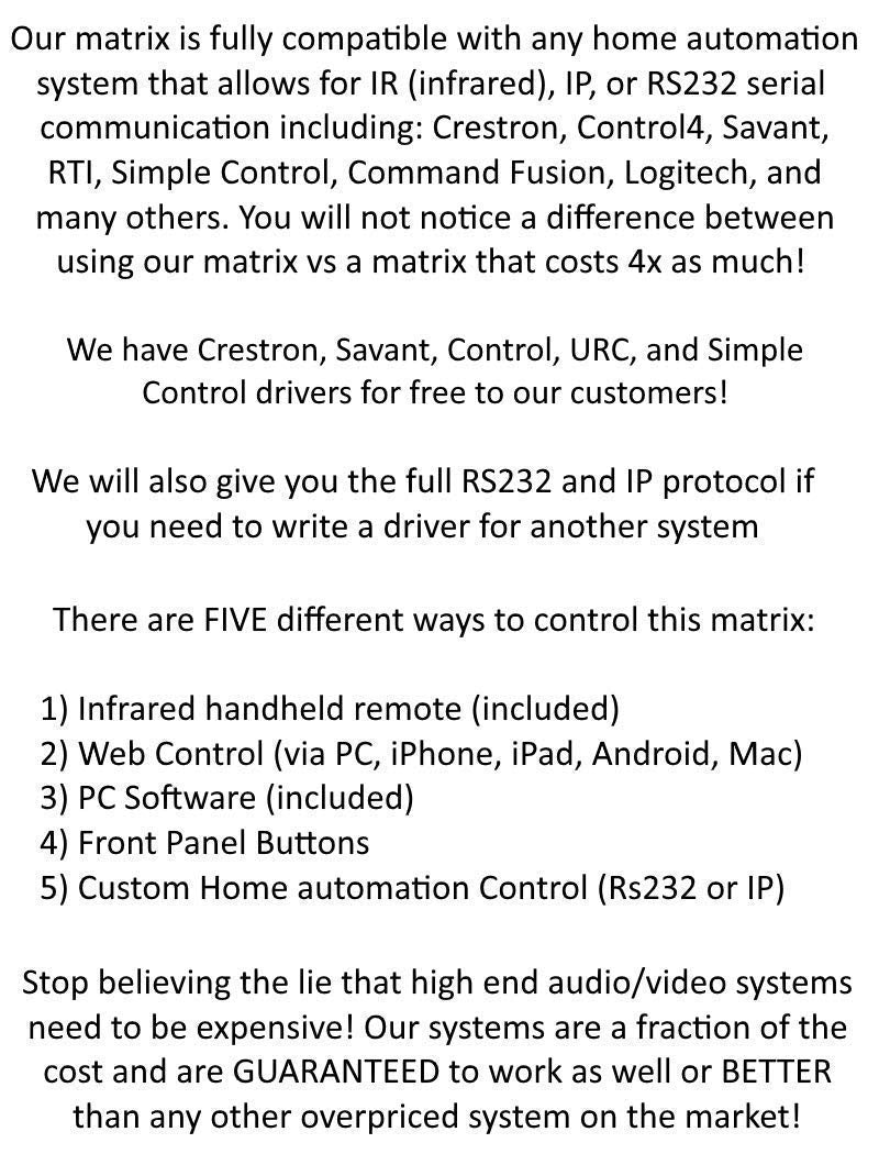 8x16 8x8 HDR 18GBPS HDbaseT 4K Matrix Switcher ARC Downscaling 16x16 with 8 Receivers HDMI 2.0a 2.0 CAT6 CAT5e HDMI HDCP2.2 Routing SPDIF Audio CONTROL4 Savant Home Automation