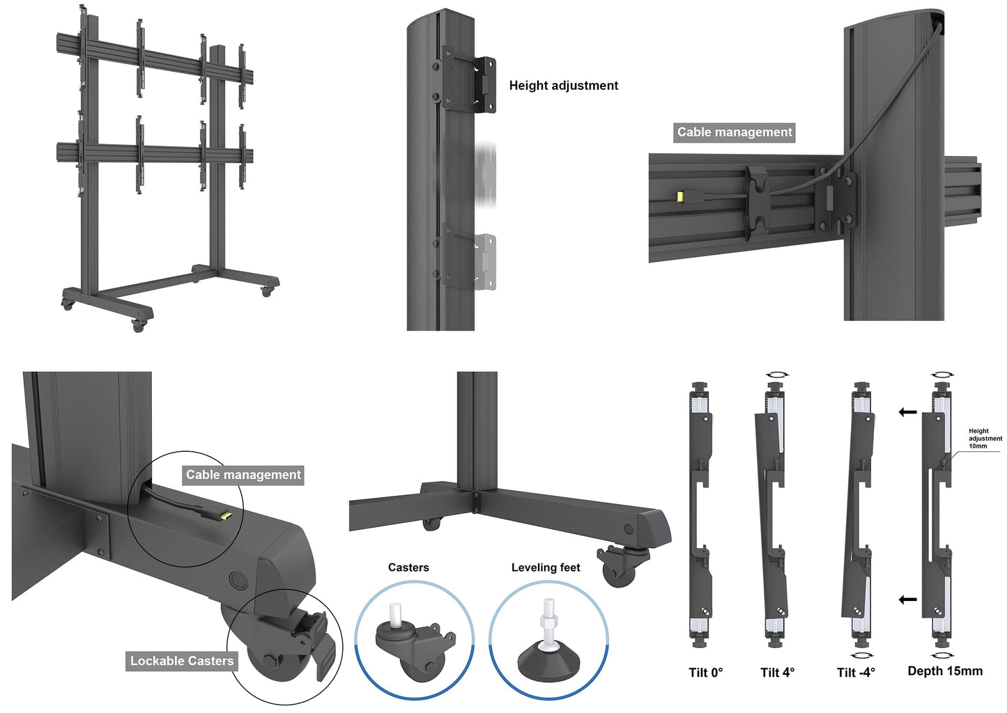 2x2 Video Wall Rolling Cart Display with Micro Adjustment Arms