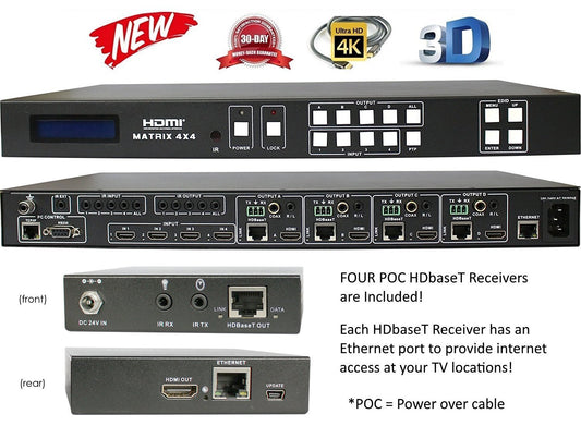 4x8 4x4 HDBT 4K HDMI Matrix SWITCHER w/ Four ETHERNET PoC RECEIVERS (CAT5e or CAT6). HDCP2.2 HDTV Routing 100M SELECTOR SPDIF Audio CONTROL4 Savant Home Automation Internet