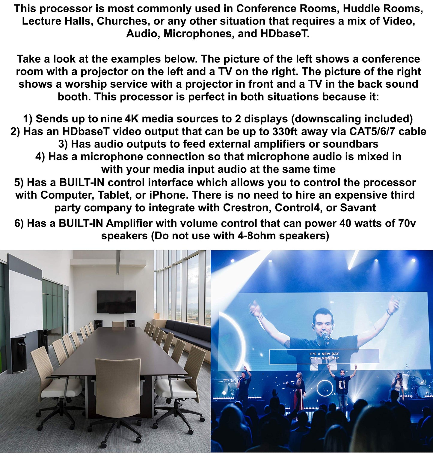 4K 9x2 Conference Room Huddle Church Lecture Presentation Classroom Processor Amplifier Controller HDbT 60hz HDMI Displayport Video Audio Microphone Control4 Savant URC RTI 4K60hz Amp