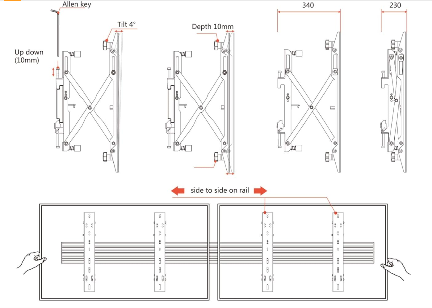 2x2 Video Wall Rail Mounting System - Pop out brackets with Microadjustments