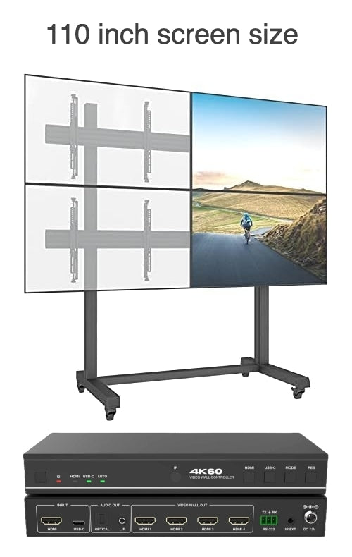 2x2 Rolling Video Wall Package with four 55" Monitors, Rolling Mount, and 1 input processor