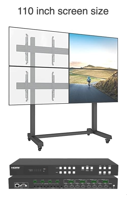 2x2 Rolling Video Wall Package with four 55" Monitors, Rolling Mount, and 4 input processor