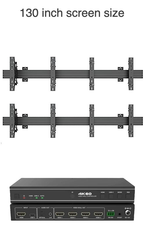 2x2 Video Wall Mount Package with four 65" Monitors, Wall Mount, and 1 input processor