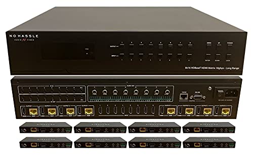 No Hassle AV - 8x16 HDbaseT 4K Matrix Switcher Long Range 330ft with 8 ETHERNET Receivers 100m 8x8 16x16 (CAT5e or CAT6) HDMI HDCP2.2 HDTV Routing SPDIF Audio CONTROL4 Savant Home Automation