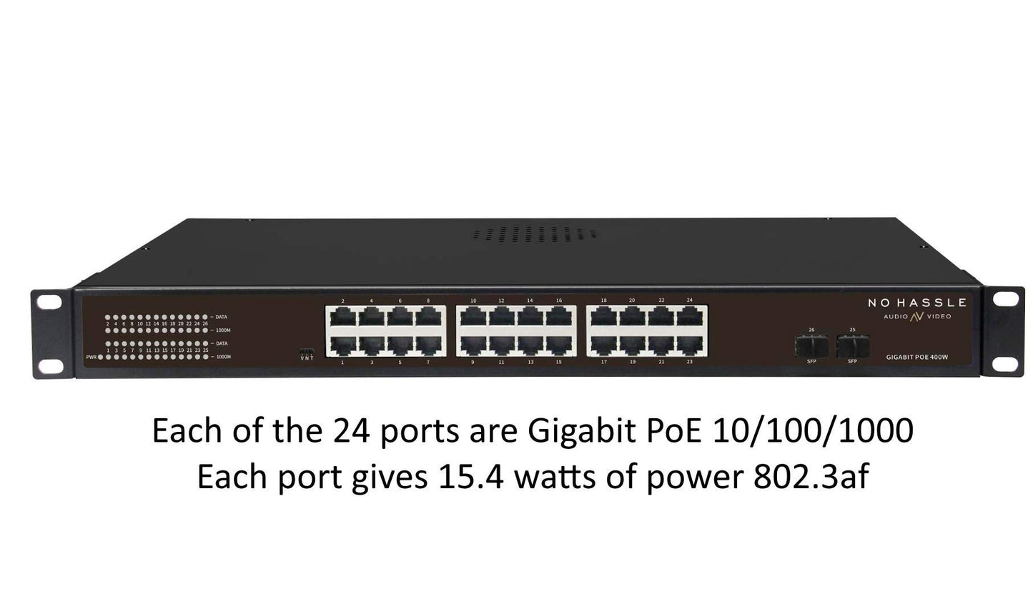 24 Port Gigabit PoE Unmanaged Network Switch + SFP Uplink Ports 802.3af 400w 400 Watts 15.4w 10/100/1000 Mbps RJ45 Rackmount Networking Security Cameras