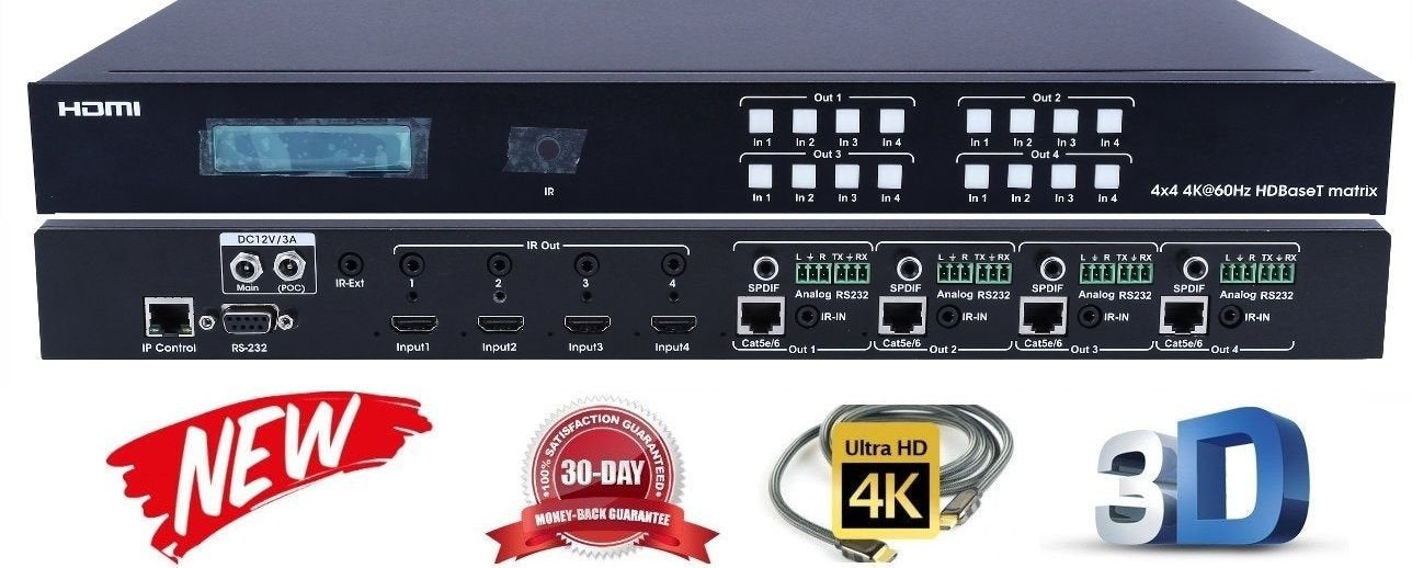 4x4 HDBT 4K HDMI Matrix SWITCHER w/ NO RECEIVERS. HDCP2.2 HDTV Routing SELECTOR SPDIF Audio CONTROL4 Savant Home Automation