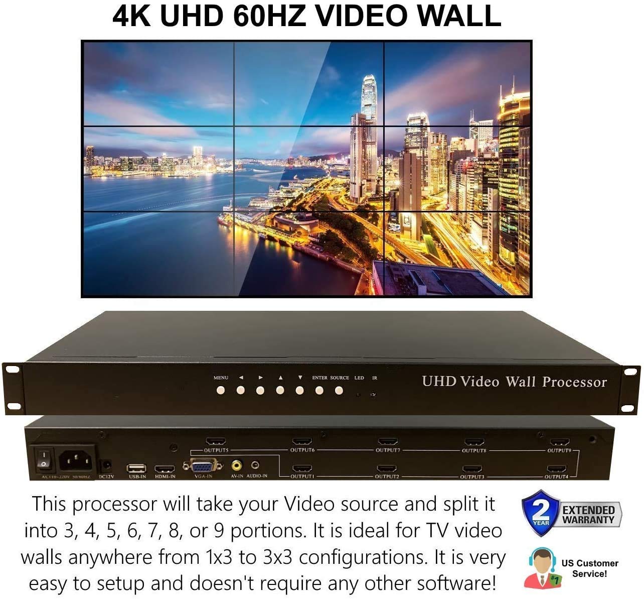 3x3 4K 60HZ UHD Video Wall HDMI Processor HDTV 1080p Controller Computer Splicer Rotate 180 Degrees 2x2 1x2 2x1 3x1 1x3 4x1 1x4 3x2 2x3 4x2 2x4