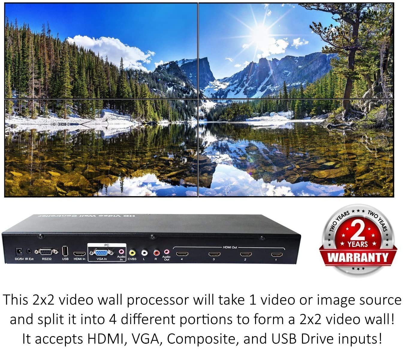 No Hassle AV 2x2 HDMI Video Wall Processor (2022 Version) HD TV 1080P Matrix Controller Splicer Splitter Display 2x2 2x1 1x2