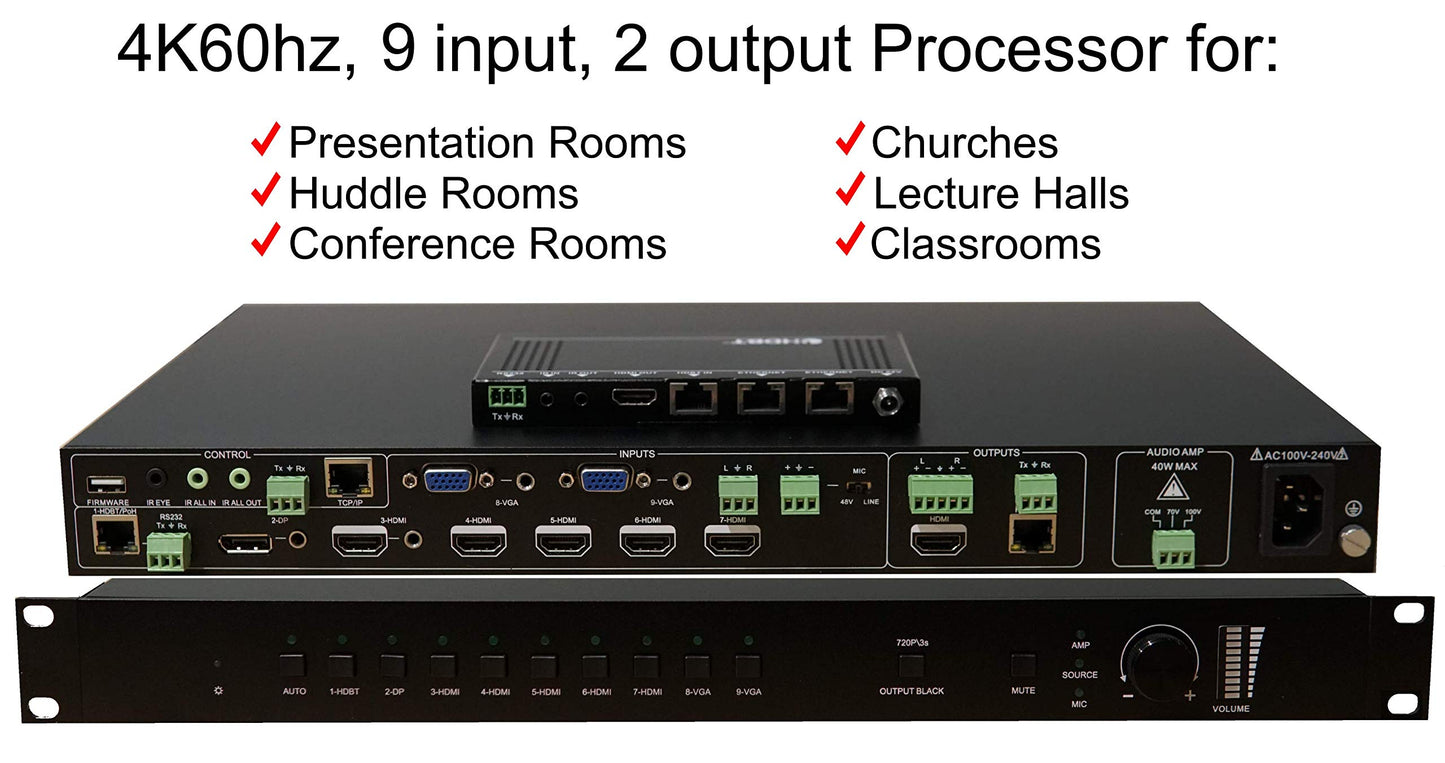 4K 9x2 Conference Room Huddle Church Lecture Presentation Classroom Processor Amplifier Controller HDbT 60hz HDMI Displayport Video Audio Microphone Control4 Savant URC RTI 4K60hz Amp