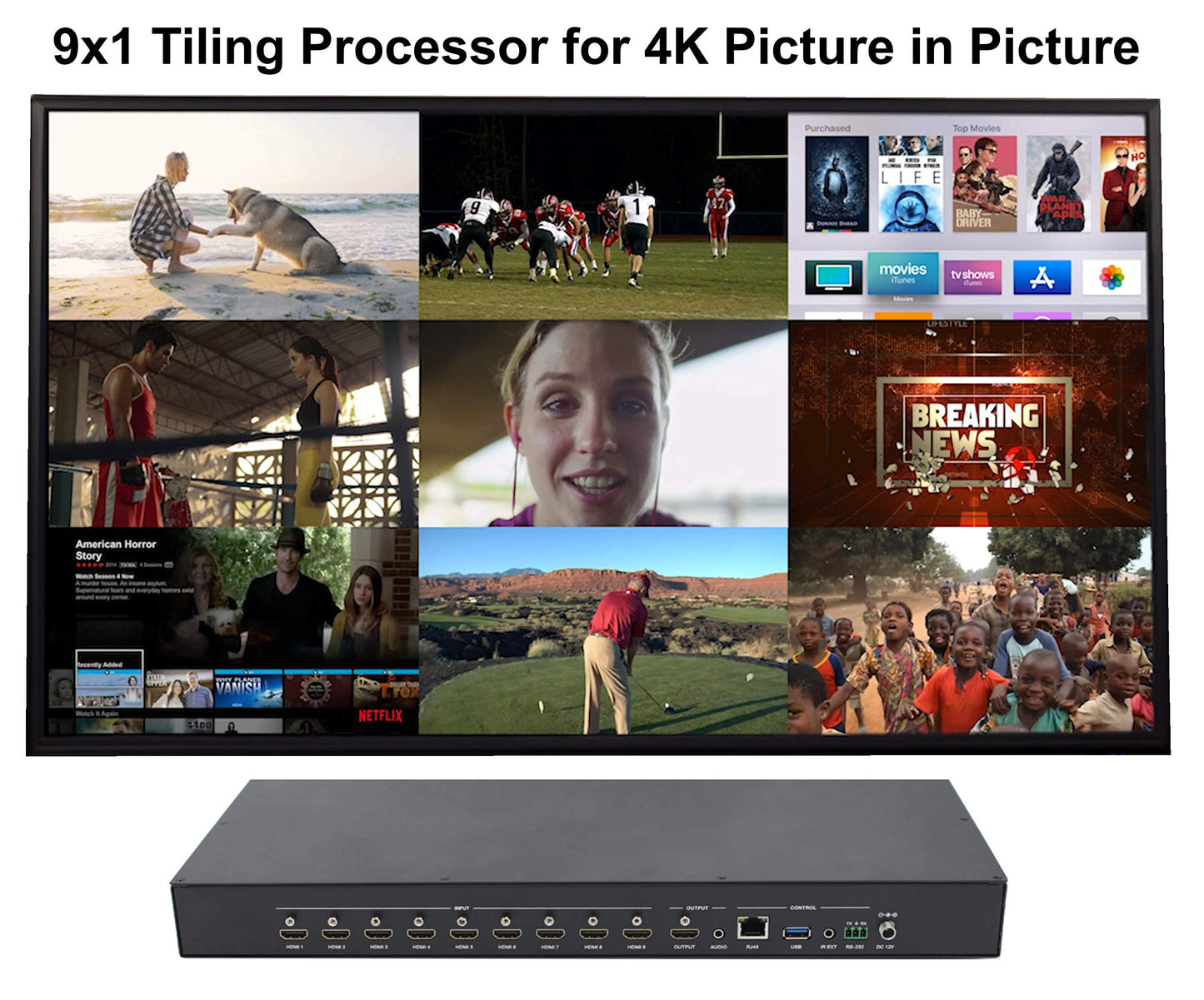 9x1 Tiling 4K Multiviewer Multiplexer 9 Screen Processor PIP Controller Switcher Downscaling Switch HD 1080p Source Picture in Picture Savant Control4 RTI URC