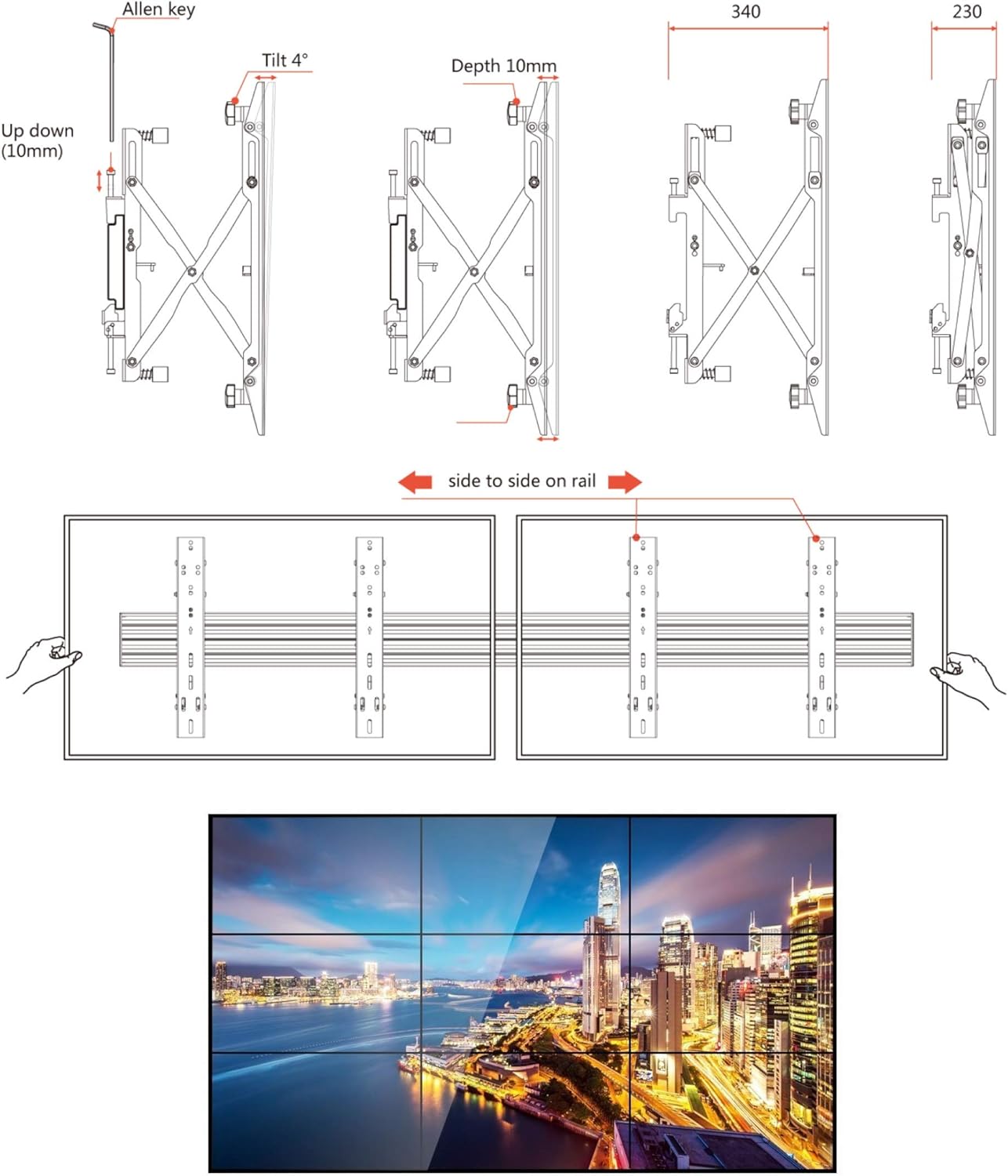 3x3 Video Wall Rail Mounting System - Pop out brackets with Microadjustments