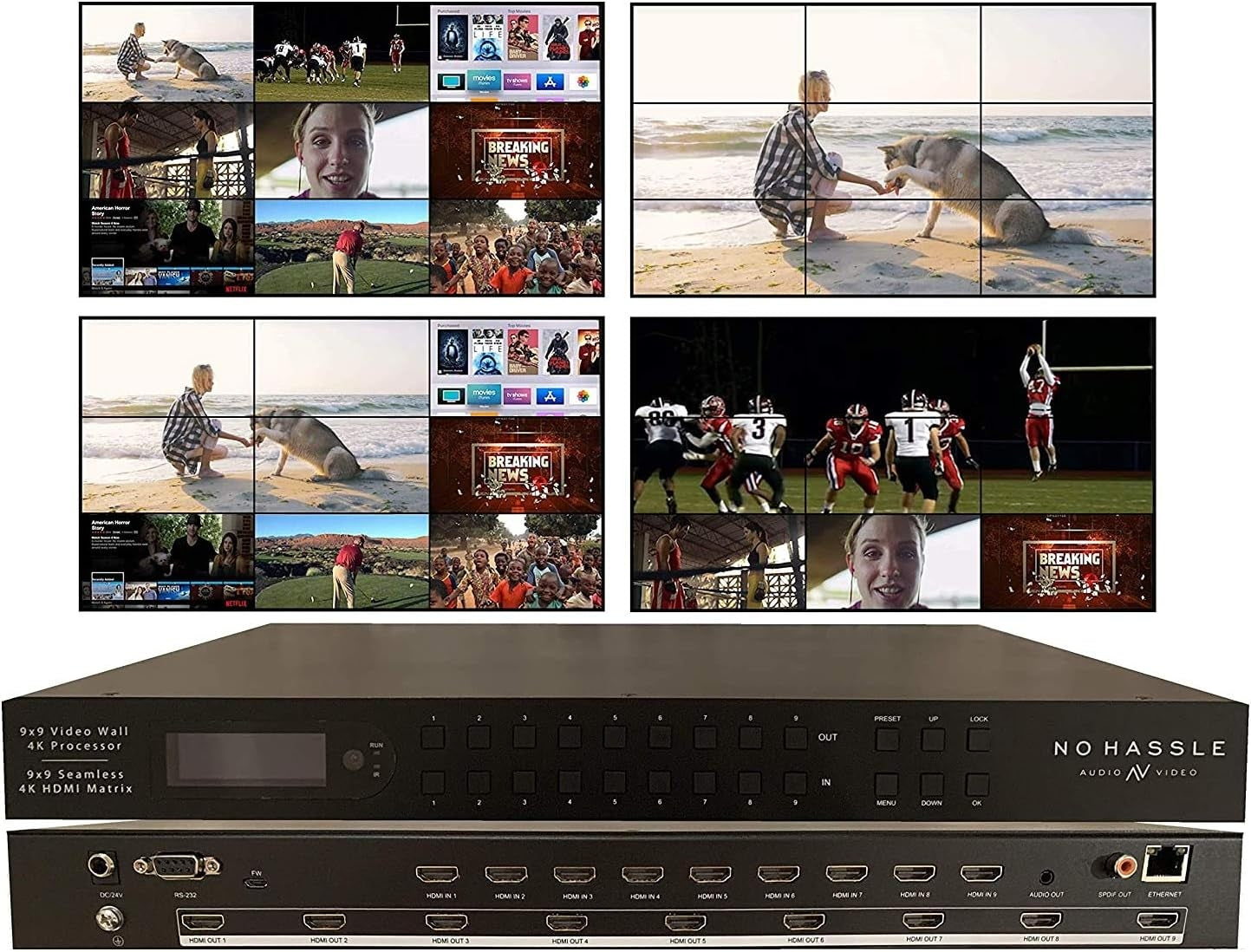 9 input 9 output - 3x3 Video Wall Processor for 9 Monitors - 4K60hz Seamless Switching