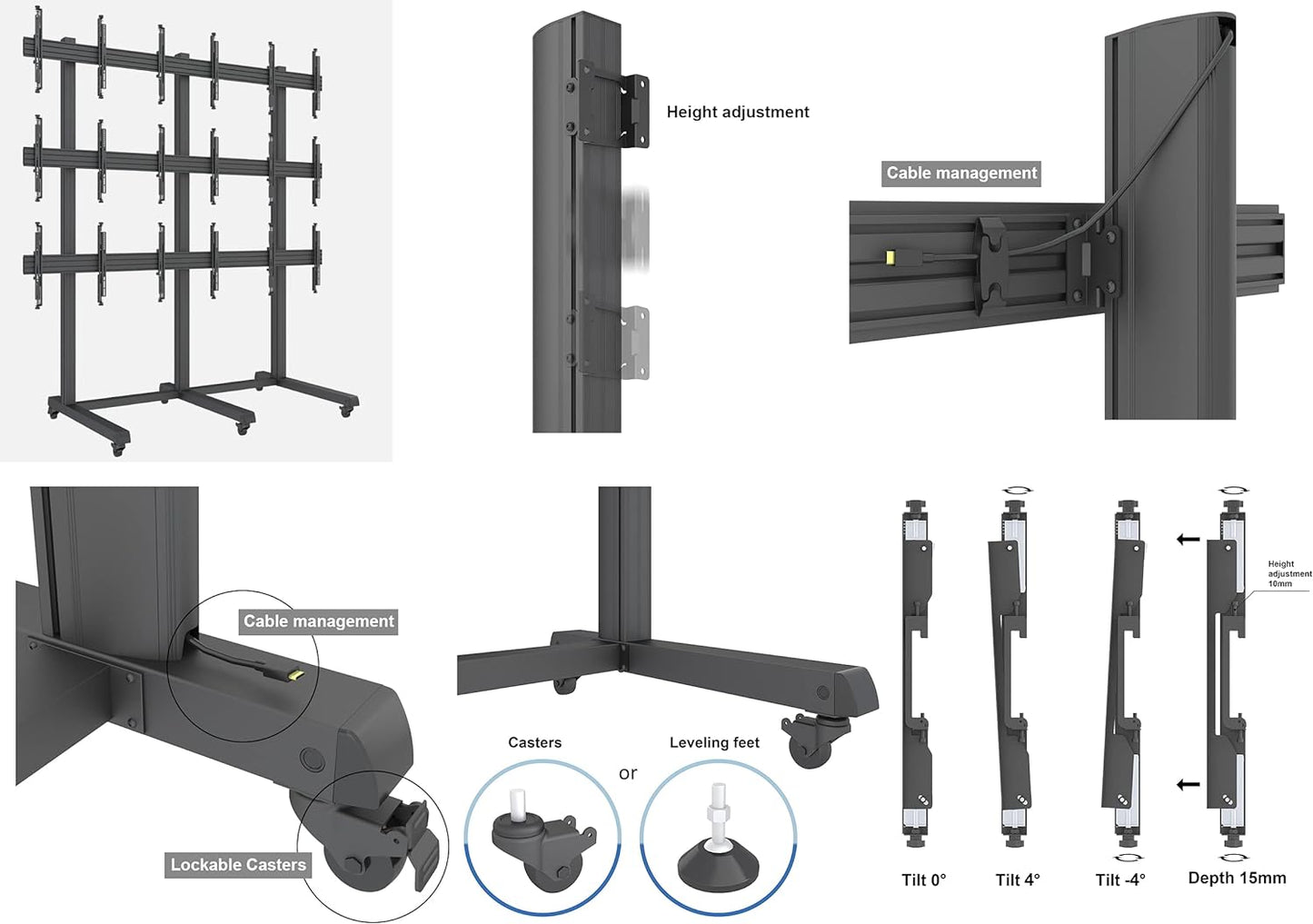 3x3 Video Wall Rolling Cart Display with Micro Adjustment Arms