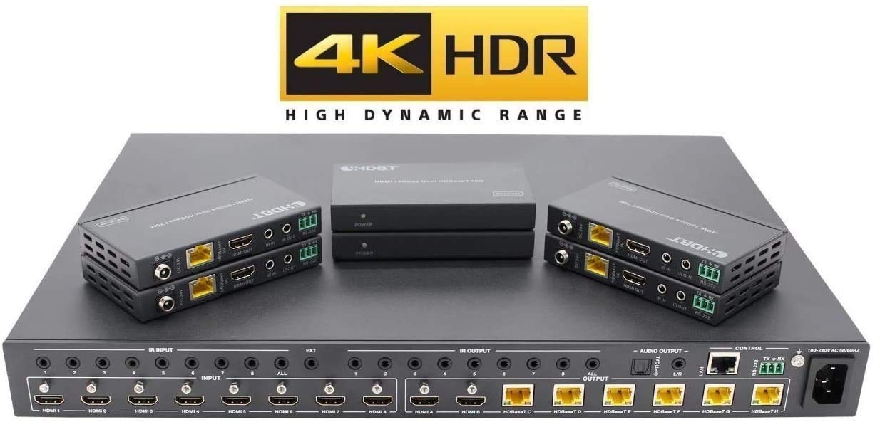 8x8 HDR 18GBPS HDbaseT 4K HDMI Matrix SWITCHER 6 PoC Receivers HDMI 2.0a 2.0 CAT6 CAT5e HDMI HDCP2.2 Routing SPDIF Audio CONTROL4 Savant Home Automation