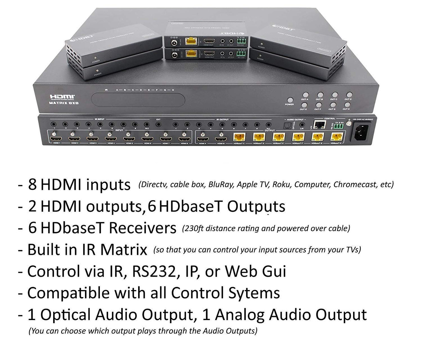 8x8 HDR 18GBPS HDbaseT 4K HDMI Matrix SWITCHER 6 PoC Receivers HDMI 2.0a 2.0 CAT6 CAT5e HDMI HDCP2.2 Routing SPDIF Audio CONTROL4 Savant Home Automation